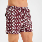 Abstract Geometric Pattern Men's Swimsuit // Claret Red, White (S)