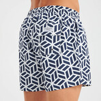 Abstract Geometric Pattern Men's Swimsuit // Blue, White (L)