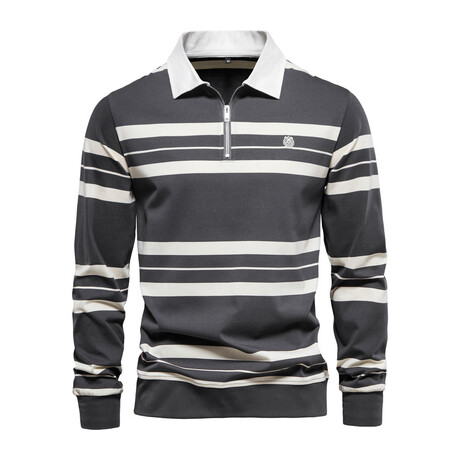 Striped Long Sleeve Polo Shirt // Dark Gray (XS)