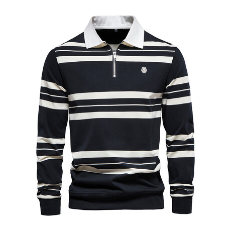 Striped Long Sleeve Polo Shirt // Meteorite Black (XS)
