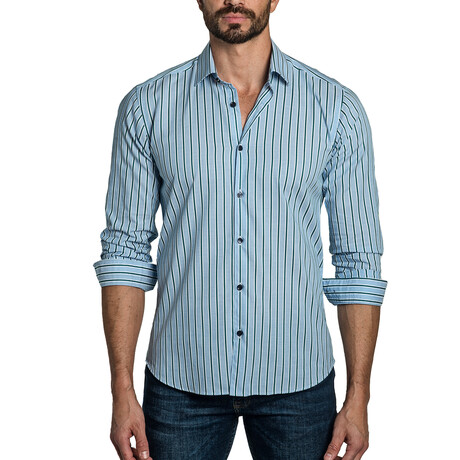 Keith Long Sleeve Button Up Shirt // Blue Stripes (S)