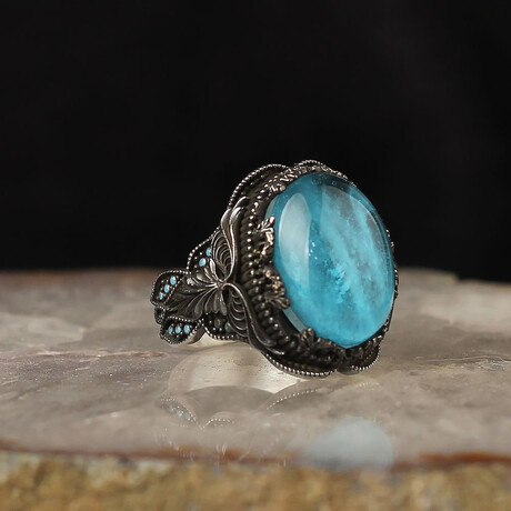 Paraiba Tourmaline Stone Men Silver Ring // Silver + Blue (6.5)