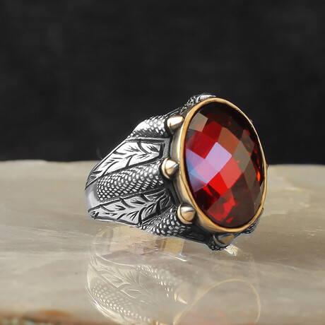 Garnet Stone Claw Shape // Silver + Red (6.5)