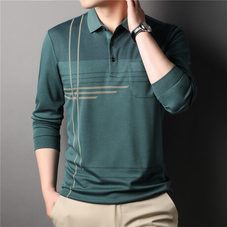 Thin Striped Long Sleeve Polo // Green + Gold (M)