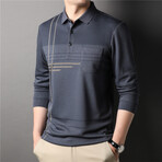 Thin Striped Long Sleeve Polo // Blue-Grey + Gold (2XL)