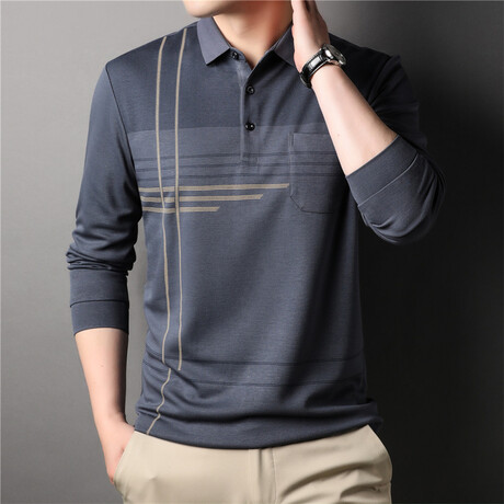 Thin Striped Long Sleeve Polo // Blue-Grey + Gold (M)