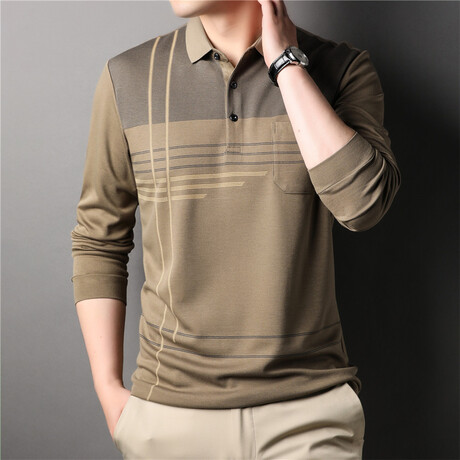 Thin Striped Long Sleeve Polo // Beige + Gray (M)