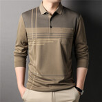 Thin Striped Long Sleeve Polo // Beige + Gray (XL)