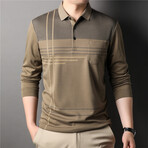 Thin Striped Long Sleeve Polo // Beige + Gray (L)