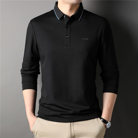 Melange Tipped Long Sleeve Polo Shirt // Black (M)