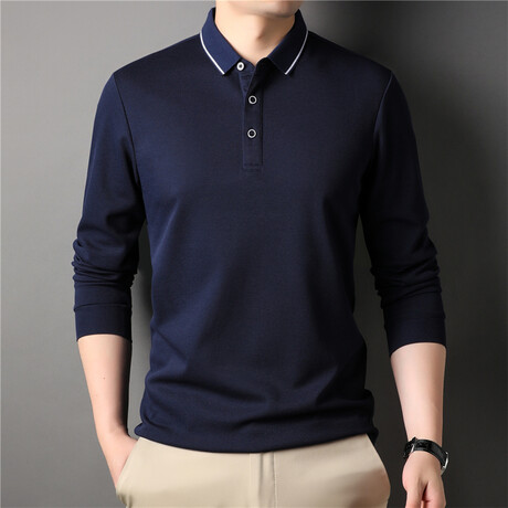 Contrast Stripe Collar Long Sleeve Polo // Navy Blue (M)