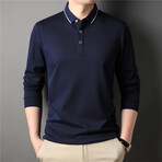 Contrast Stripe Collar Long Sleeve Polo // Navy Blue (M)