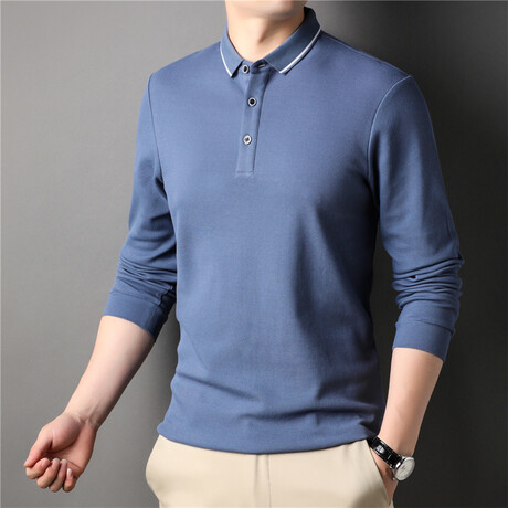 Contrast Stripe Collar Long Sleeve Polo // Blue (M)