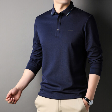 Melange Tipped Long Sleeve Polo Shirt // Navy Blue (M)