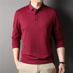 Melange Tipped Long Sleeve Polo Shirt // Red (M)