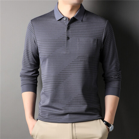 Half-There Stripes Log Sleeve Polo // Dark Gray (M)