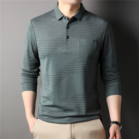 Half-There Stripes Log Sleeve Polo // Light Green (M)