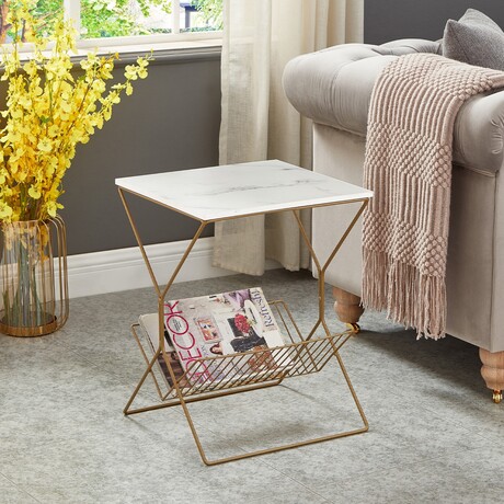 Maggy Gold Frame White Faux Marble Table with Magazine Holder