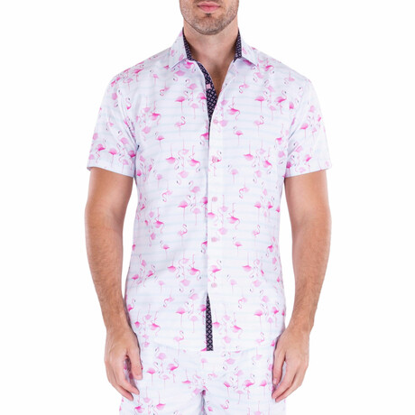 Flamingoes Short Sleeve Button Up Shirt // White (XS)