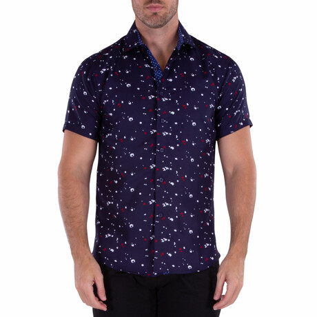 Paint Pattern Short Sleeve Button Up Shirt // Navy (XS)