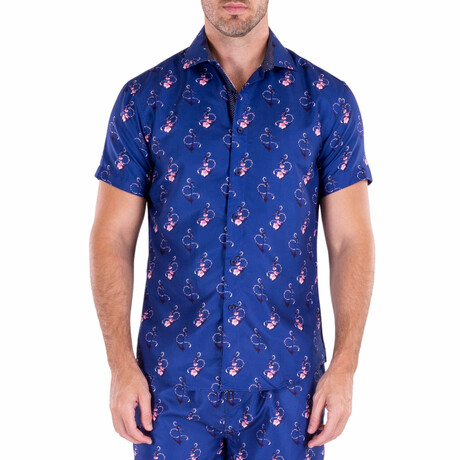 Poseidons Heart Short Sleeve Button Up Shirt // Navy (XS)