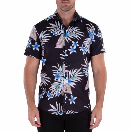 Tropical Print Short Sleeve Button Up Shirt // Black (XS)