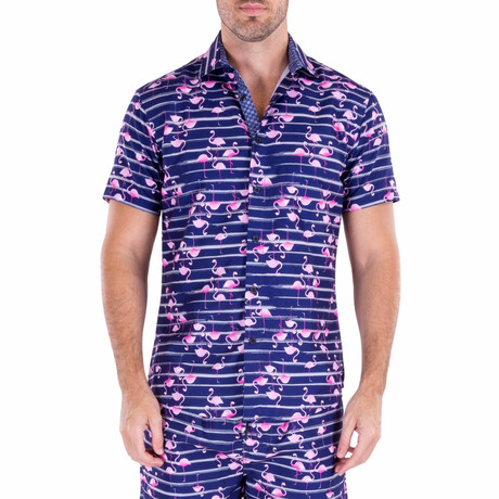 Flamingoes Short Sleeve Button Up Shirt // Navy (XS)