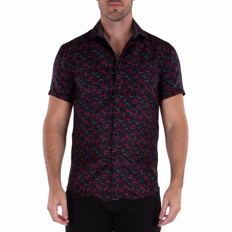 Patterned Short Sleeve Button Up Shirt // Black (XS)