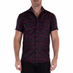 Patterned Short Sleeve Button Up Shirt // Black (L)