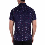 Paint Pattern Short Sleeve Button Up Shirt // Navy (XS)