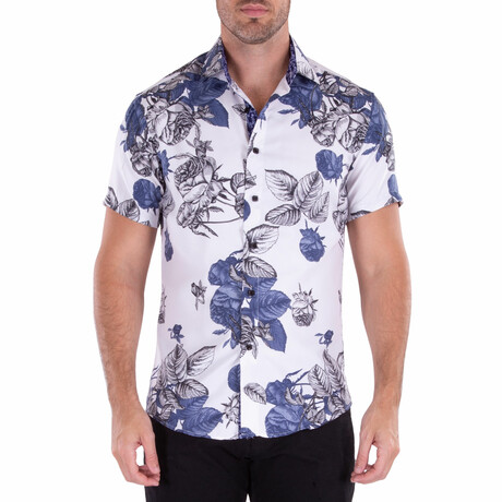 Floral Short Sleeve Button Up Shirt // White + Dark Blue (XS)