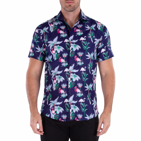 Tropical Flamingoes Short Sleeve Button Up Shirt // Navy (XS)