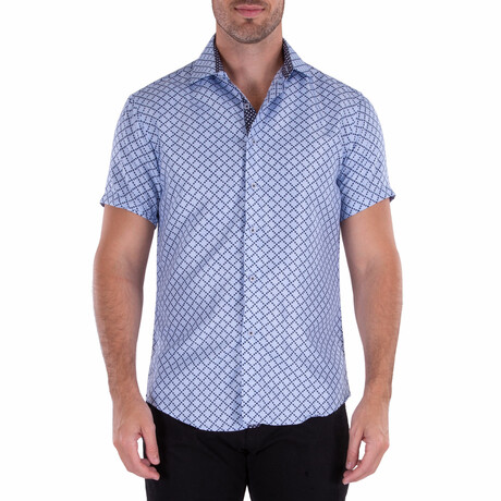 Diamond Pattern Short Sleeve Button Up Shirt // Blue (XS)