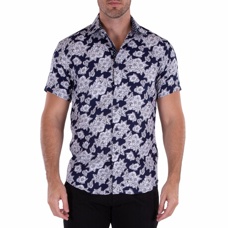 Floral Print Short Sleeve Button Up Shirt // Navy (XS)