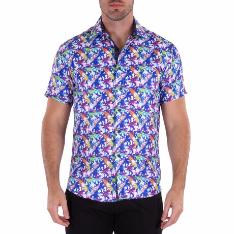 Tropical Print Short Sleeve Button Up Shirt // White (XS)