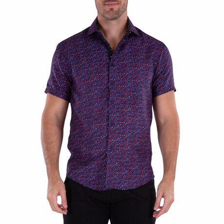 Micro Pattern Short Sleeve Button Up Shirt // Navy (XS)