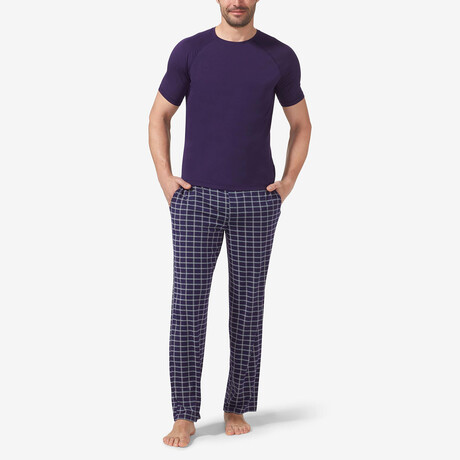 Essential Short Sleeve Tee And Pant Pajama Set // Evening Blue + Stitched Plaid (S)