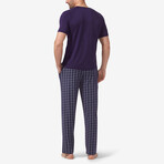 Essential Short Sleeve Tee And Pant Pajama Set // Evening Blue + Stitched Plaid (L)