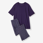 Essential Short Sleeve Tee And Pant Pajama Set // Evening Blue + Stitched Plaid (L)