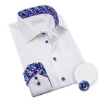 Contemporary Fit Dress Shirt with Floral Pocket + Neck Pattern // White + Blue + Purple (US: 15R)