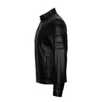 Slim Fit // Mock Neck Chest Detail Racer Leather Jacket // Black (S)