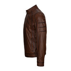 Slim Fit // Mock Neck Chest Detail Racer Leather Jacket // Chestnut (XL)