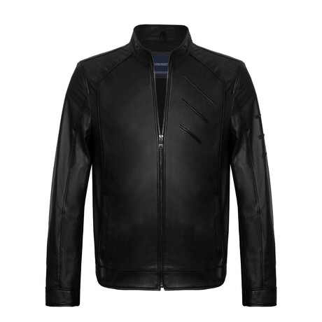 Slim Fit // Mock Neck Chest Detail Racer Leather Jacket // Black (S)