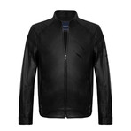 Slim Fit // Mock Neck Chest Detail Racer Leather Jacket // Black (3XL)