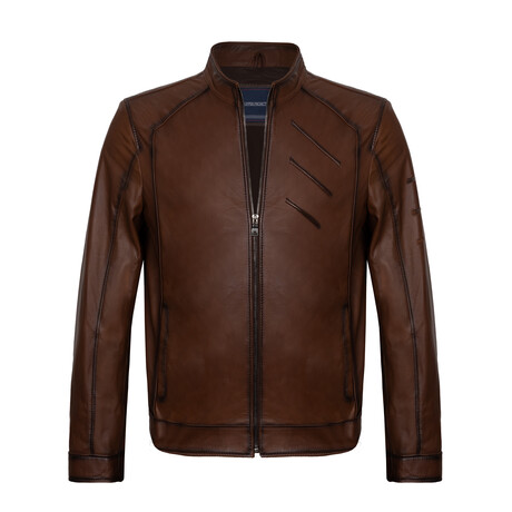 Slim Fit // Mock Neck Chest Detail Racer Leather Jacket // Chestnut (S)