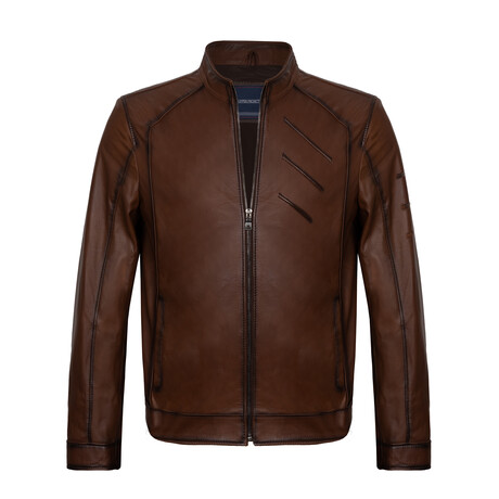 Slim Fit // Mock Neck Chest Detail Racer Leather Jacket // Chestnut (3XL)