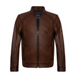 Slim Fit // Mock Neck Chest Detail Racer Leather Jacket // Chestnut (S)