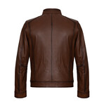 Slim Fit // Mock Neck Chest Detail Racer Leather Jacket // Chestnut (XL)