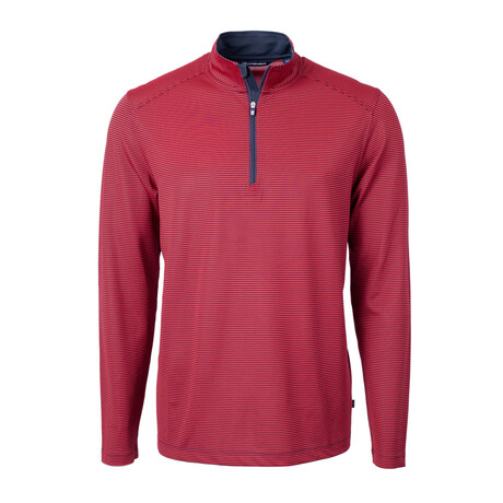 Virtue Eco Pique Micro Stripe Recycled Quarter Zip // Red + Navy Blue (XS)
