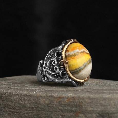 925 Sterling Silver Genuine Bumble Bee Jasper Stone Ring // V1 (6.5)